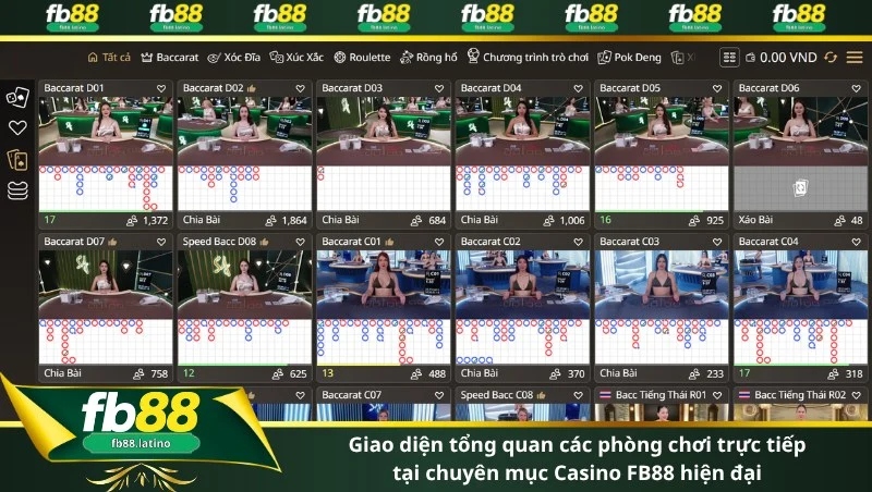 Giao diện tổng quan các phòng chơi trực tiếp tại chuyên mục Casino FB88 hiện đại