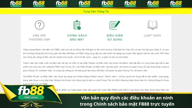 Văn bản quy định các điều khoản an ninh trong Chính sách bảo mật FB88 trực tuyến