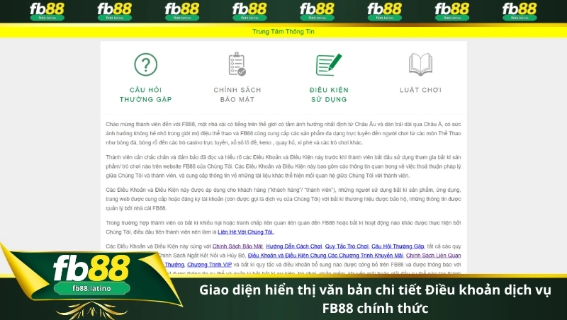 Giao diện hiển thị văn bản chi tiết Điều khoản dịch vụ FB88 chính thức