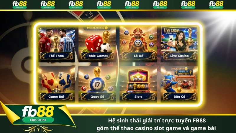hệ sinh thái giải trí trực tuyến FB88 gồm thể thao casino slot game và game bài 