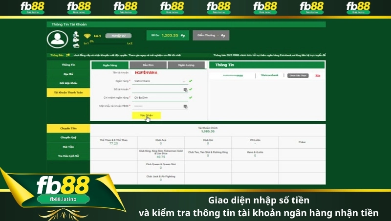 Giao diện nhập số tiền và kiểm tra thông tin tài khoản ngân hàng nhận tiền