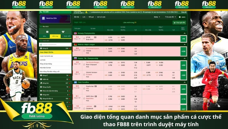 Giao diện tổng quan danh mục sản phẩm cá cược thể thao FB88 trên trình duyệt máy tính