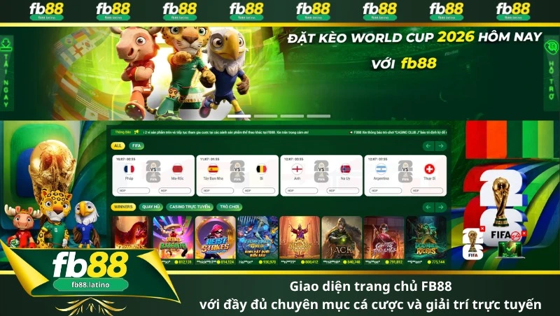 giao diện trang chủ FB88 với đầy đủ chuyên mục cá cược và giải trí trực tuyến 
